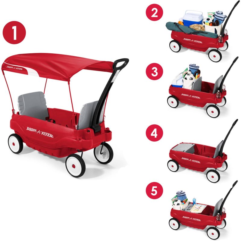 Radio Flyer Deluxe Family Wagon with Canopy, Folding Seats, Red