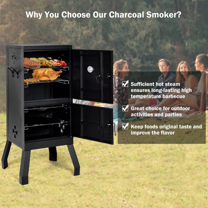 Costway OP3927 Vertical Charcoal Smoker BBQ Barbecue Grill w/ Temperature Gauge Outdoor Black