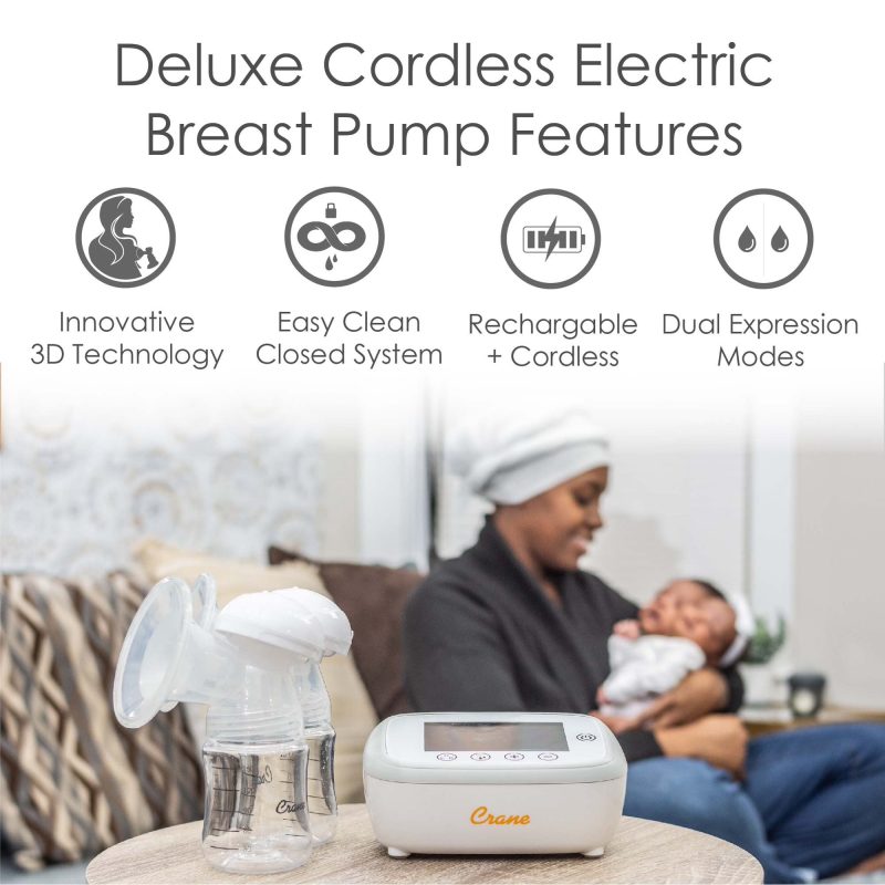 Crane USA Deluxe Double Electric Cordless Breast Pump, Portable, Closed System, Overflow Protection