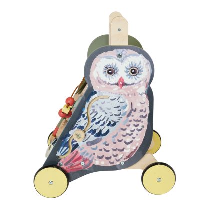 Manhattan Toy Wildwoods Owl Wooden Push Cart with Shape Sorter and Basket, Serrated Oval, Spinners, Bead Run and More