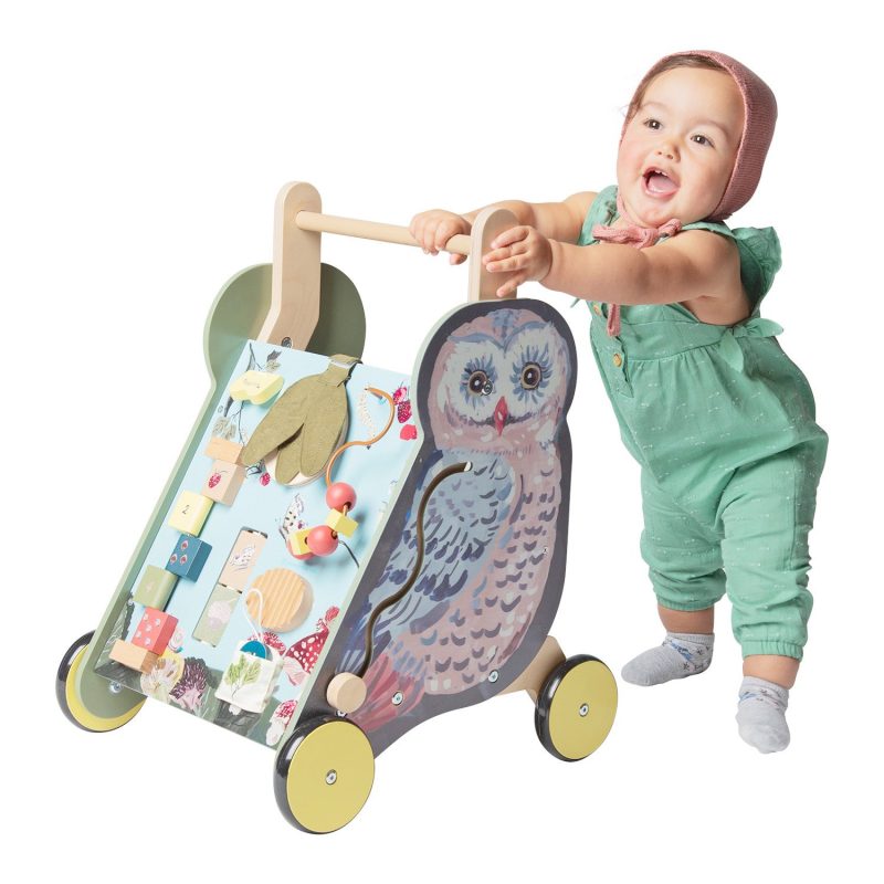 Manhattan Toy Wildwoods Owl Wooden Push Cart with Shape Sorter and Basket, Serrated Oval, Spinners, Bead Run and More
