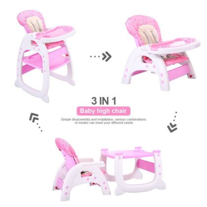 Hommoo 3 In 1 Baby High Chair, Convertible Play Table And Chair Set For Toddler, Adjustable Seat Back, Pink