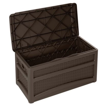 Suncast Outdoor 73 Gallon Resin and Wicker Deck Box with Seat, Java Brown