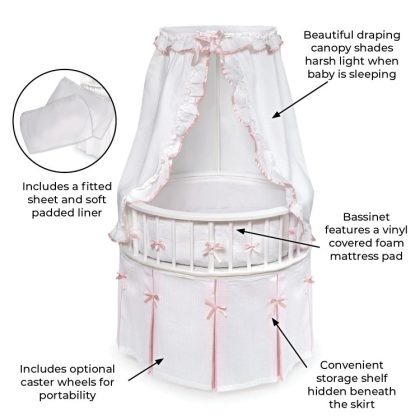 Badger Basket White Elegance Round Baby Bassinet, White Waffle/Pink Bedding