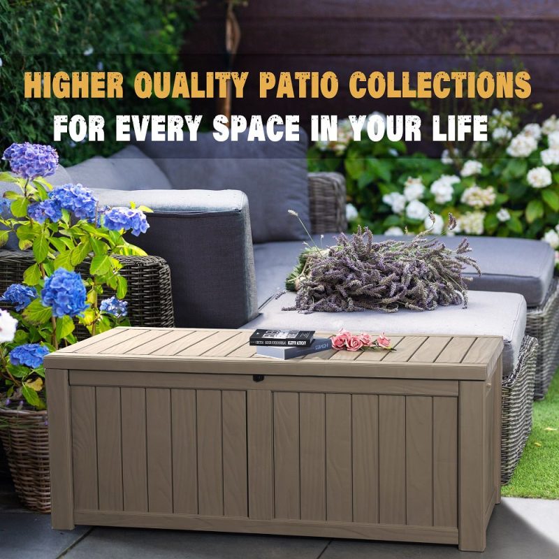 Kutime 120 Gallons Patio Deck Box Resin Wood Grain Storage Box with Cushion, Light Brown
