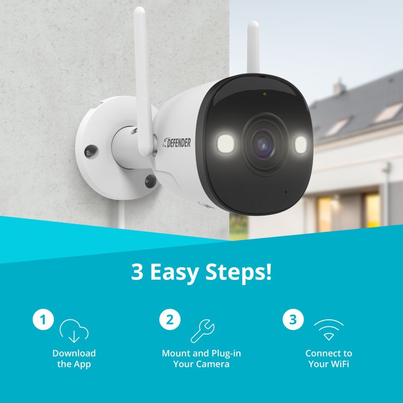 Defender Guard Pro 2K WiFi, Plug-in Power Security Camera with Color Night Vision, Two-Way Talk, 32 GB SD Cards, 2 Pack