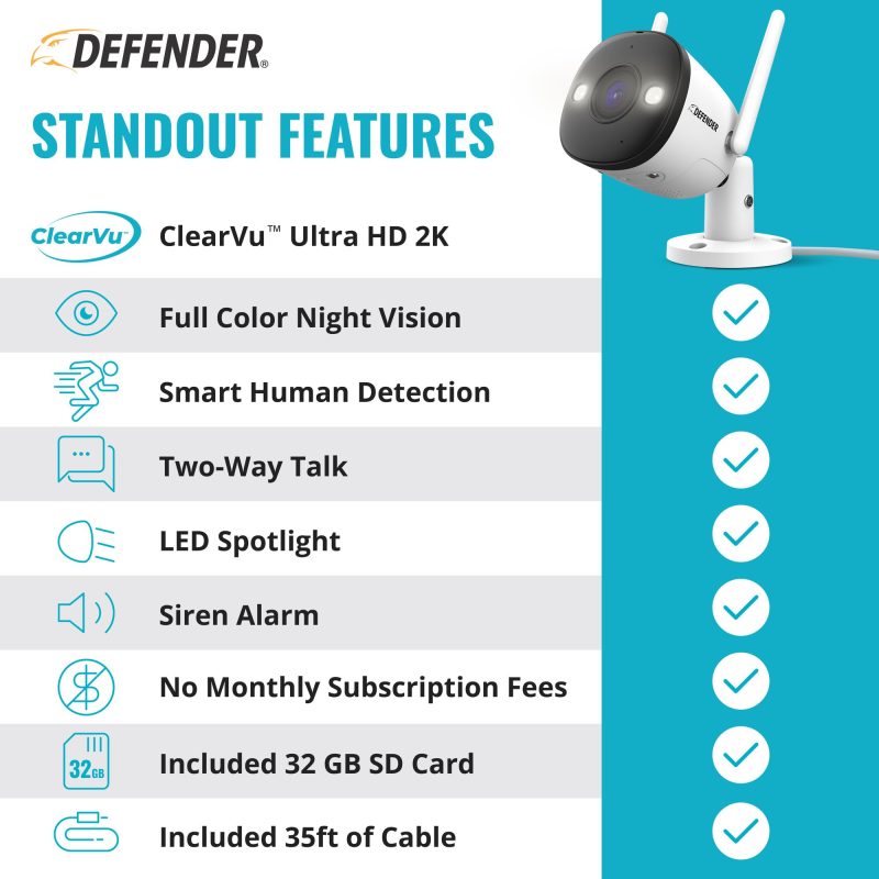 Defender Guard Pro 2K WiFi, Plug-in Power Security Camera with Color Night Vision, Two-Way Talk, 32 GB SD Cards, 2 Pack