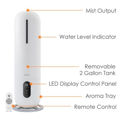 Crane USA Cool Mist Tower Top Fill Humidifier With Remote, 2 Gallons, 500 Sq. ft Coverage, White