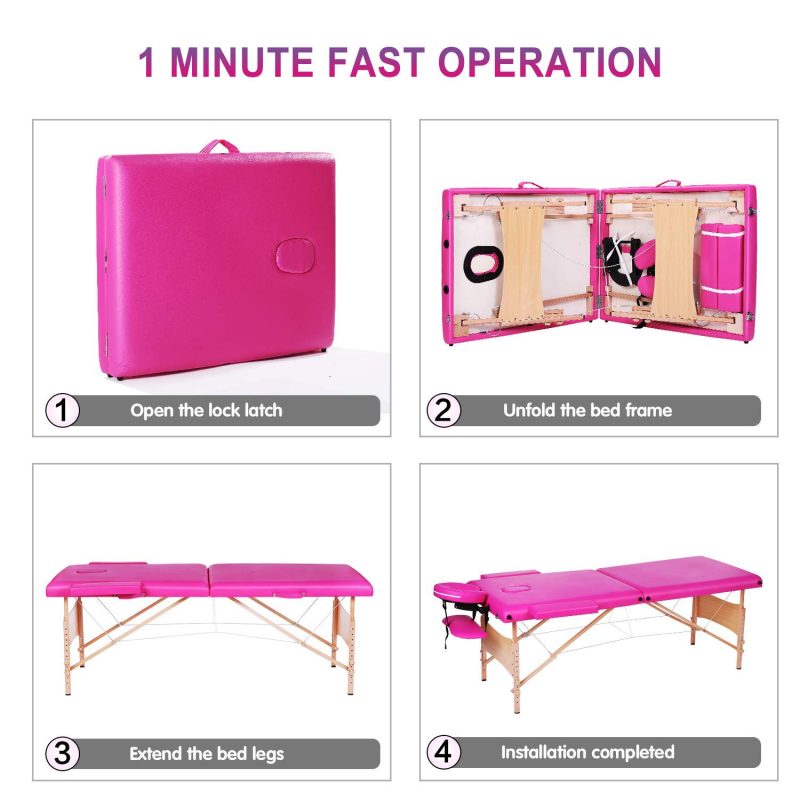 MaxKare Portable Massage Table Bed Professional, with Heigh Adjustable with Carrying Bag 2 Fold, Pink
