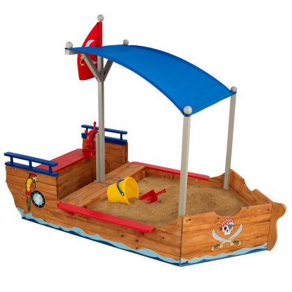 KidKraft Wooden Pirate Sandbox with Canopy, Covered Kid's Sandbox, Blue & Red