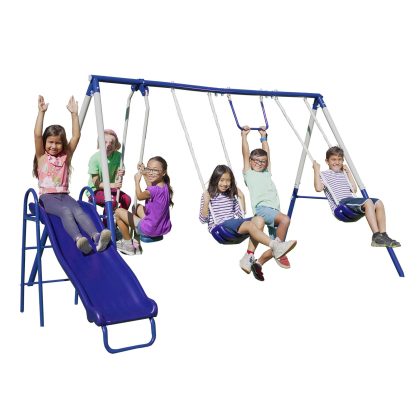 Sportspower Arcadia Metal Swing Set with 5 Ft. Slide, Trapeze, 2 Person Glider Swing