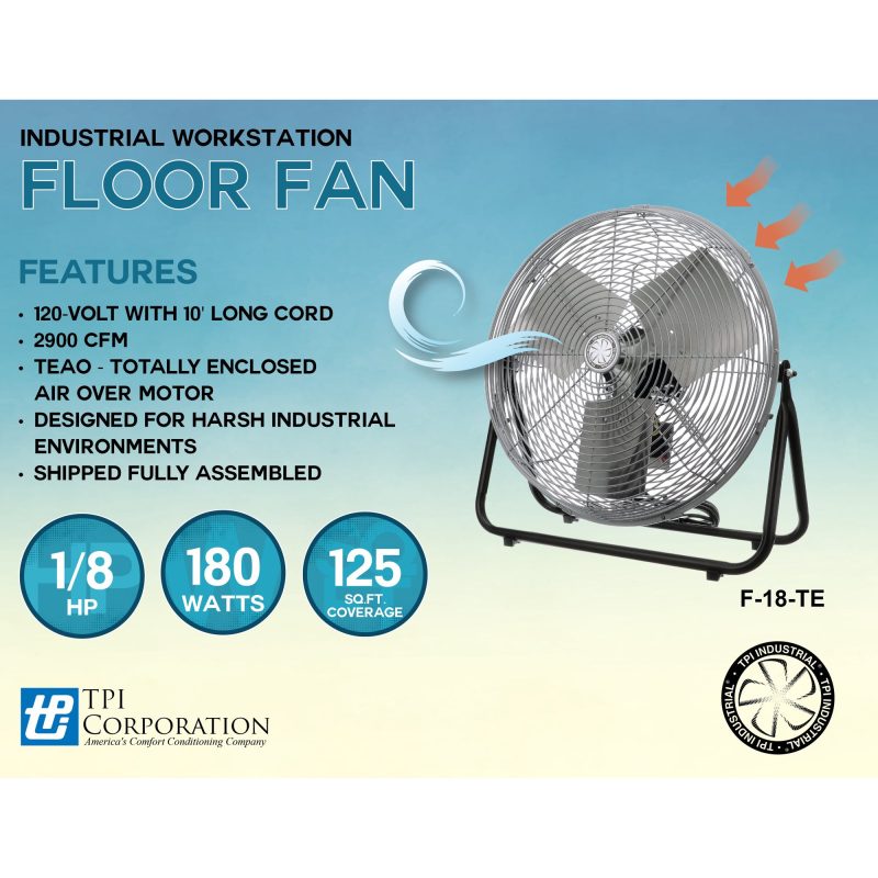 TPI Corporation F18-TE Industrial Workstation Fan, Floor Stand, 3-Speed Motor, Rocker Switch