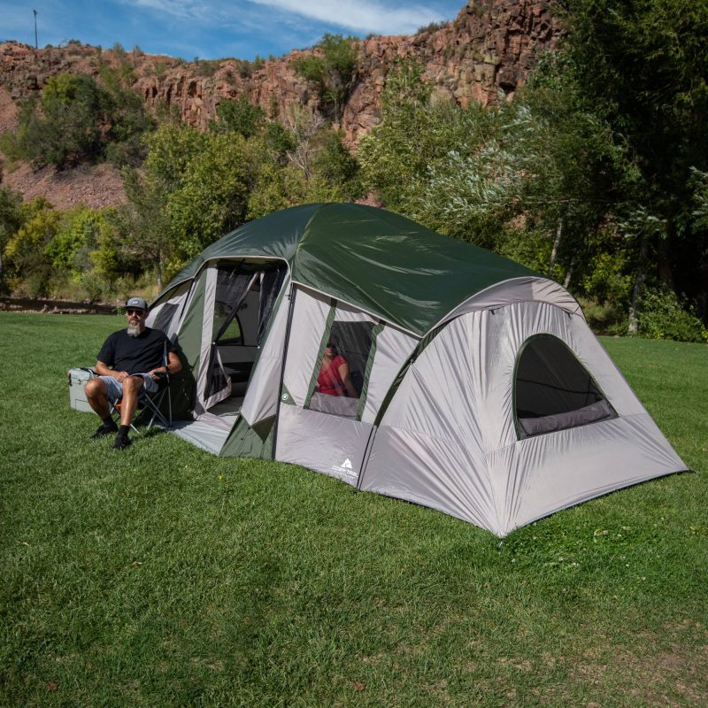 Ozark Trail 10-Person 3-Room Vacation Tent, with Shade Awning, Beige & Green