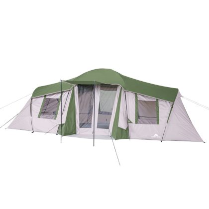 Ozark Trail 10-Person 3-Room Vacation Tent, with Shade Awning, Beige & Green