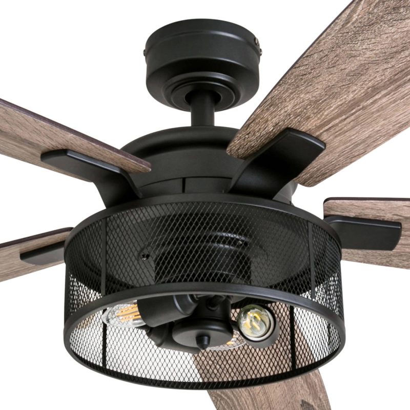 Honeywell Carnegie 52" Matte Black LED Industrial Ceiling Fan with Remote, Mesh Drum Lighting and Edison Bulbs