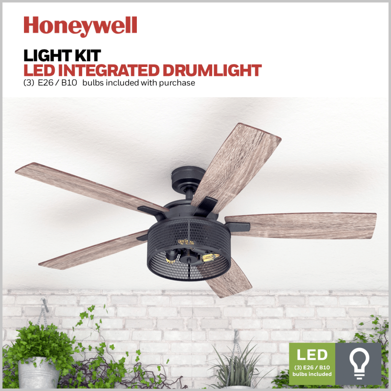 Honeywell Carnegie 52" Matte Black LED Industrial Ceiling Fan with Remote, Mesh Drum Lighting and Edison Bulbs
