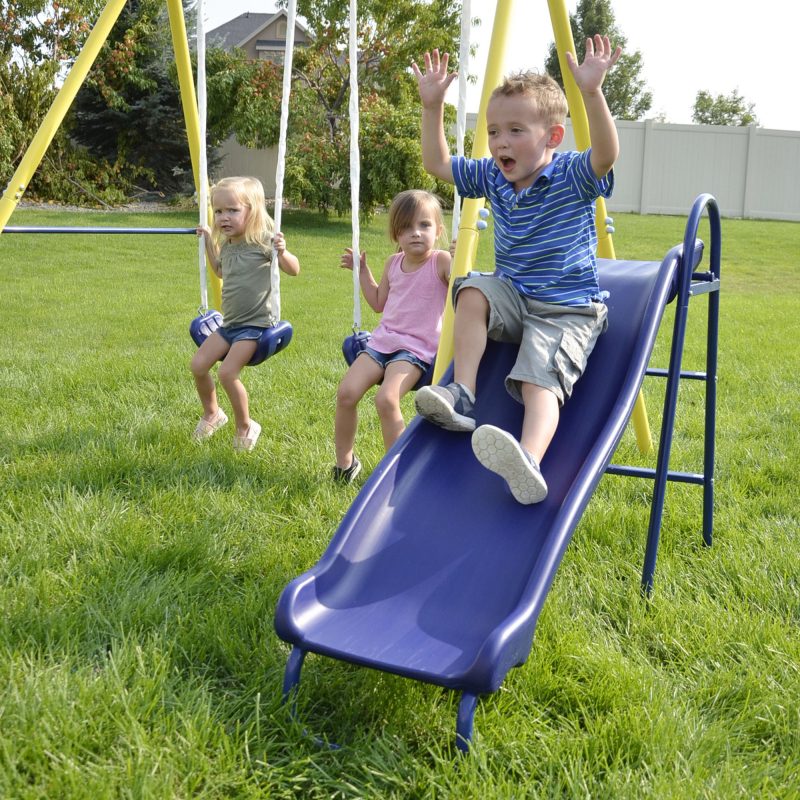 Sportspower Power Play Time Metal Swing Set with 5ft Heavy Duty Slide and Two Swings