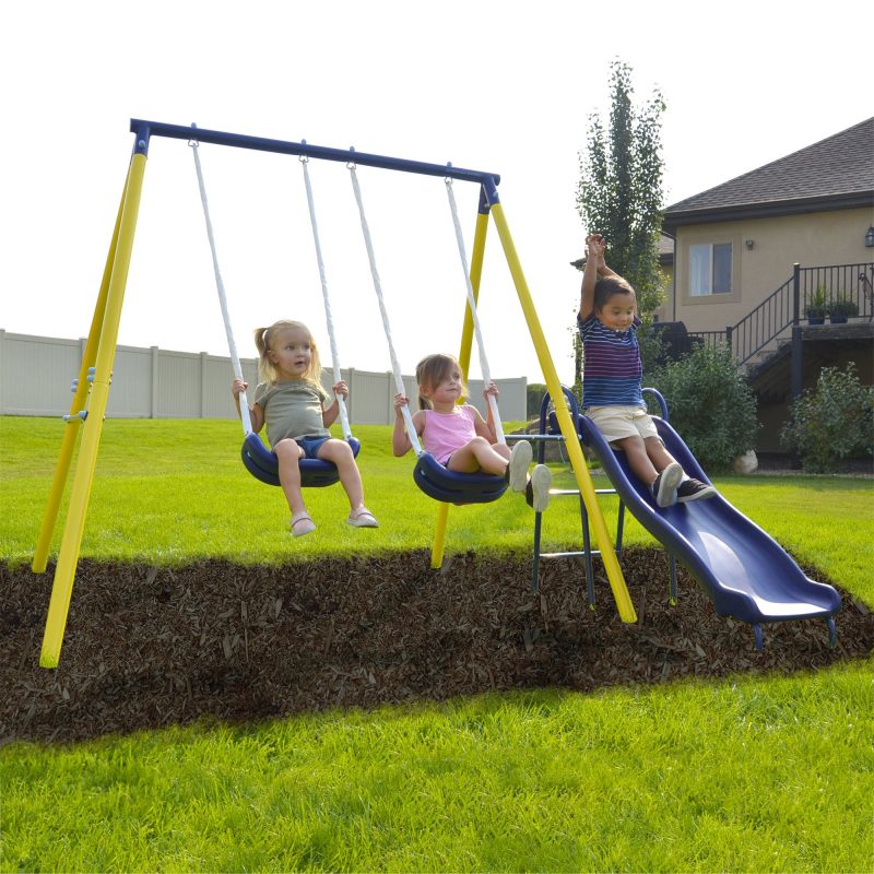 Sportspower Power Play Time Metal Swing Set with 5ft Heavy Duty Slide and Two Swings