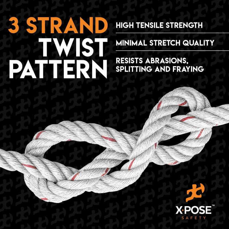 Xpose Safety Poly Combo 3 Strand Safety Rope, 3/8 In. x 600 Ft., UV Coated Polypropylene Rope for Fall Protection, Ladder Safety, Climbing