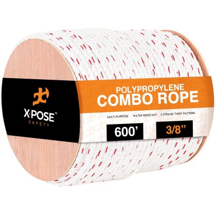 Xpose Safety Poly Combo 3 Strand Safety Rope, 3/8 In. x 600 Ft., UV Coated Polypropylene Rope for Fall Protection, Ladder Safety, Climbing