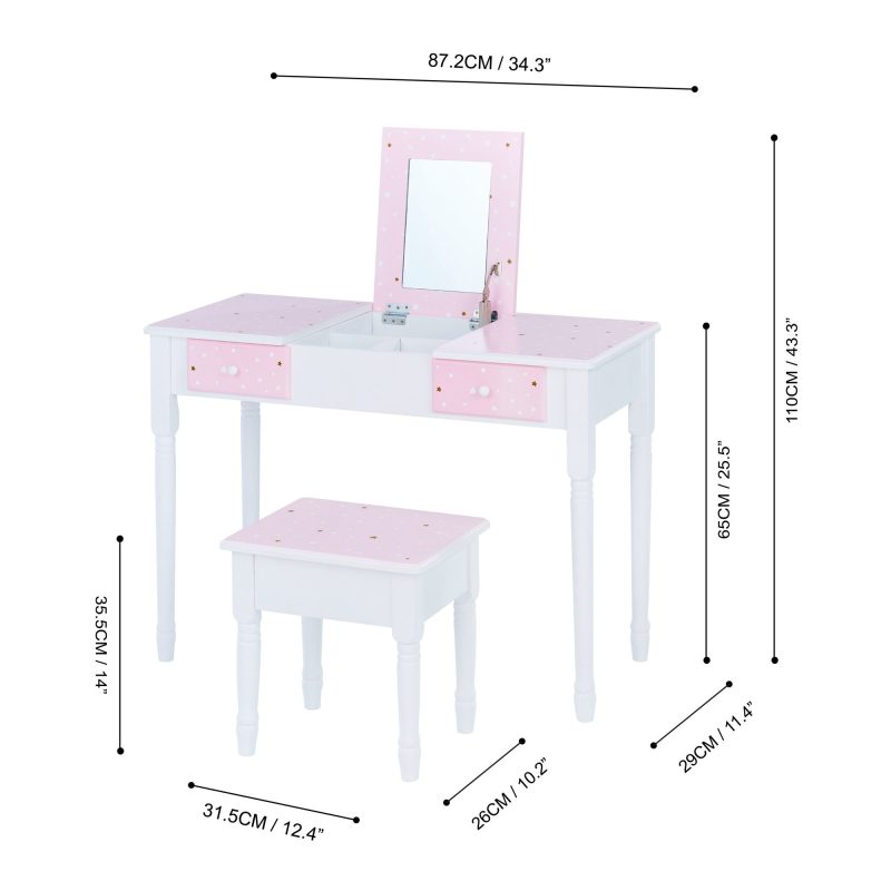 Teamson Kids Fashion Twinkle Star Prints Kate Play Vanity with Storage, Pink/ White
