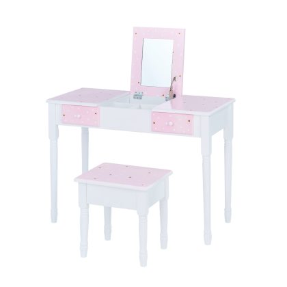 Teamson Kids Fashion Twinkle Star Prints Kate Play Vanity with Storage, Pink/ White