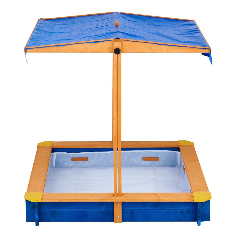 Teamson Kids Outdoor Summer Sandbox with Canopy, Natural/Blue