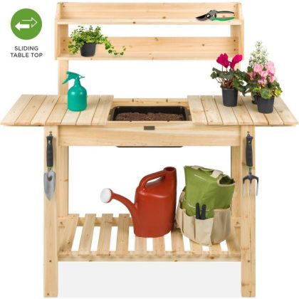 Best Choice Products Wood Garden Potting Bench Workstation Table w/ Sliding Tabletop, Natural