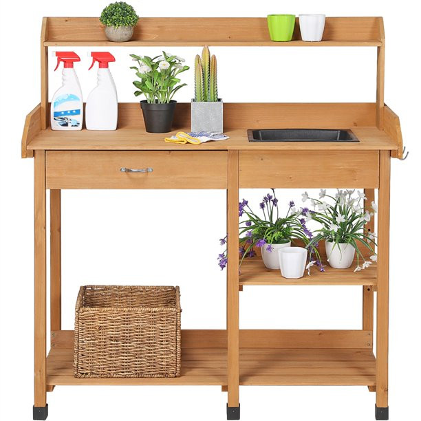 Easyfashion Wooden Potting Bench With Removable Sink Drawer, Oak