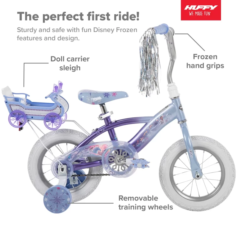 Huffy Disney Frozen Bike with Doll Carrier Sleigh for Girl's, 12 In., White and Purple
