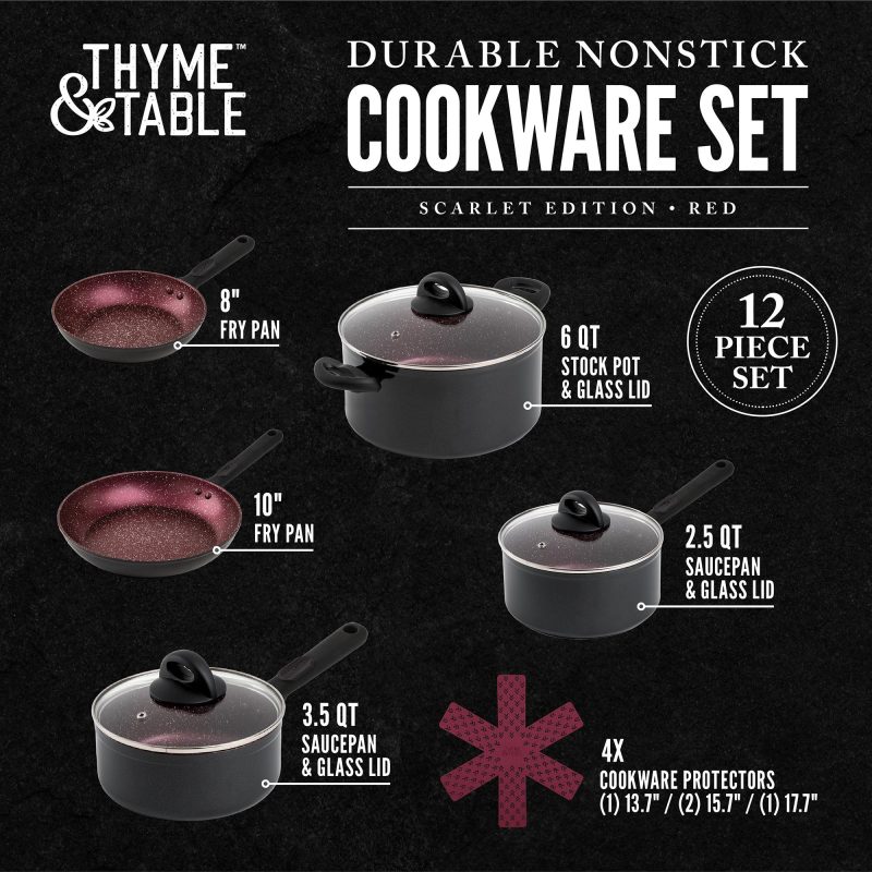Thyme & Table Non-Stick 12 Piece Cookware Set, Scarlet Red